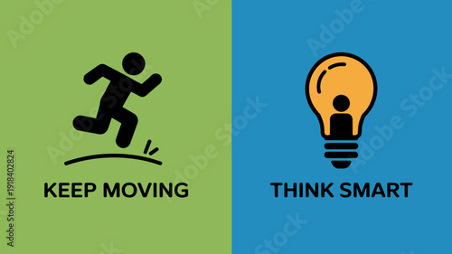 A split screen graphic displays a running figure on a green background and a lightbulb on blue paired with motivational text high quality professional detailed modern