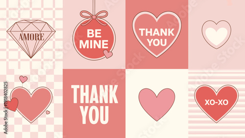 A collection of stylized pink toned heart shapes and romantic phrases are arranged in a grid like pattern on a checkered background high quality professional detailed