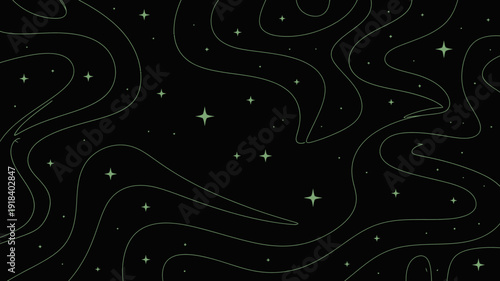 An abstract background features swirling organic lines in a pale green hue against a deep black backdrop accented by scattered star like sparkles high quality professional