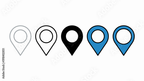 A series of five location pin icons are displayed varying in color and shade from light gray to dark blue high quality professional detailed modern elegant