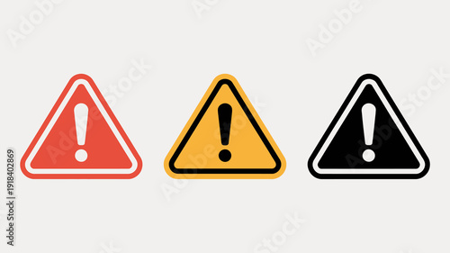 Three triangular warning signs are displayed progressing in color from red to yellow to black each with a central exclamation mark high quality professional detailed modern