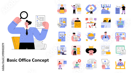 A colorful illustration depicts various office related icons and a person reviewing documents with a magnifying glass showcasing workplace concepts high quality professional detailed modern elegant