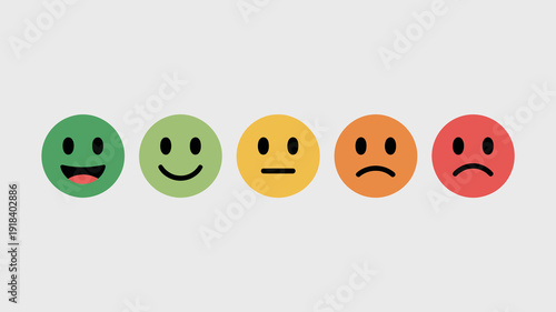 A horizontal row of five circular emoticons displays a range of emotions from very happy to very sad on a white background high quality professional detailed