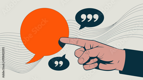 An illustration depicts a hand pointing towards an orange speech bubble with two smaller black speech bubbles nearby suggesting communication high quality professional detailed modern elegant
