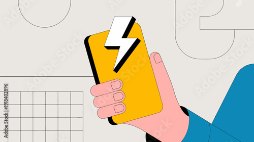 A hand holds a bright yellow smartphone displaying a white lightning bolt icon on its screen suggesting fast charging or power high quality professional detailed modern