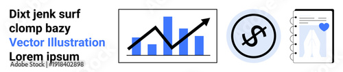 Business growth, financial insights, data tracking, investment analysis, corporate planning, and economic trends. Features bar graph with arrow, dollar symbol and document icon. Business growth