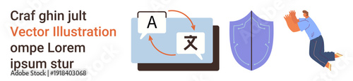 Language services, digital translation, cybersecurity, emotional expression, user experience, multilingual communication. Language translation on a screen, shield icon and a person jumping. Language