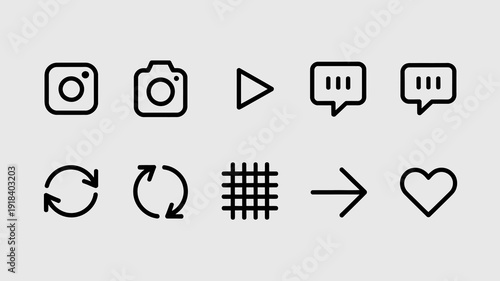 A collection of various social media icons are displayed in black outline against a light gray background representing digital communication high quality professional detailed modern elegant
