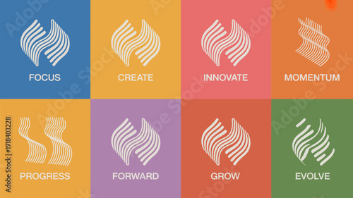 A grid of nine squares displays abstract white wave like designs paired with motivational words like focus create and momentum high quality professional detailed modern elegant