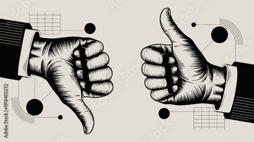 A stylized illustration depicts two hands facing each other one giving a thumbs up and the other a thumbs down representing opposing viewpoints high quality professional