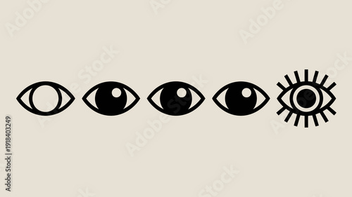 A series of five black stylized eyes are displayed in a horizontal row progressing from simple to complex designs high quality professional detailed modern elegant stylish
