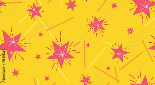 Motif festif avec des étoiles roses scintillantes sur fond jaune vif, design joyeux et dynamique.