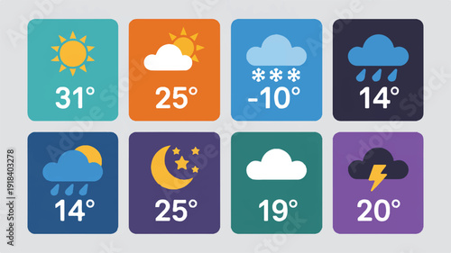 Modern flat design vector icons showcasing daily weather conditions with temperatures, including sun, rain, snow, and storms, for digital applications and UI design