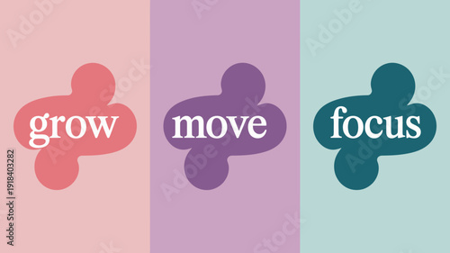 A colorful graphic features three distinct panels each with a rounded shape and a motivational word grow move and focus high quality professional detailed modern elegant