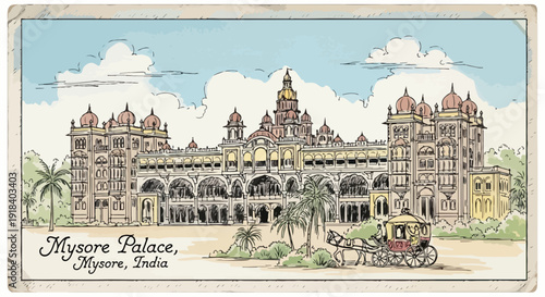 Dessin du majestueux palais de Mysore en Inde, avec une calèche devant.