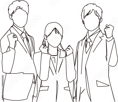 ガッツポーズをするビジネスパーソンの線画イラスト