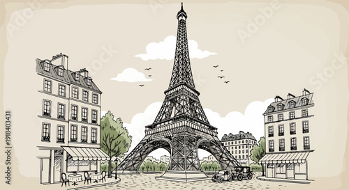 Dessin au trait de la Tour Eiffel à Paris, avec des bâtiments haussmanniens et une voiture ancienne.