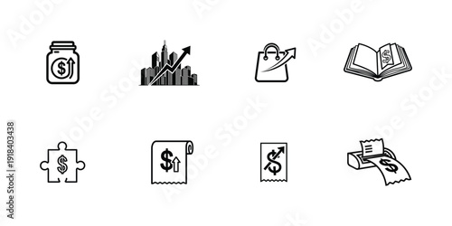Financial icons silhouette including money and shopping