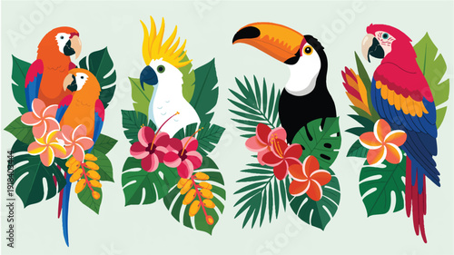 A vibrant collection of tropical parrots and a toucan adorned with lush green leaves and exotic flowers in a flat illustration style