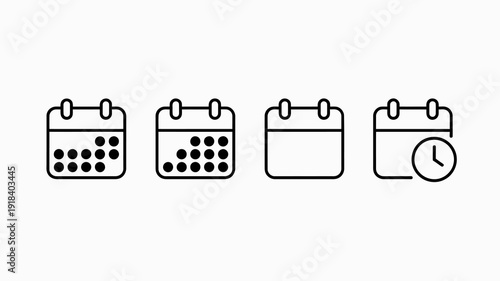 A series of four black line art calendar icons are displayed showcasing varying levels of days filled in with a clock on the last high quality