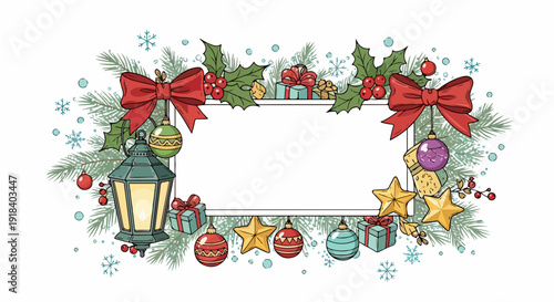 Cadre festif de Noël avec des ornements, des boules, des étoiles, des cadeaux et une lanterne.
