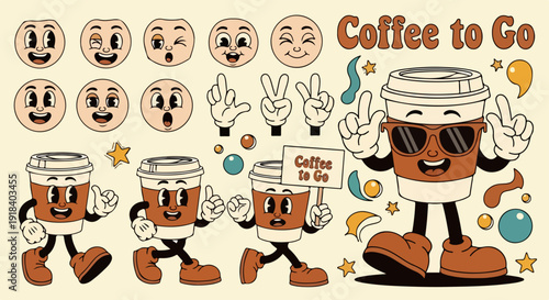 Ensemble de personnages de café à emporter rétro avec des visages expressifs et des éléments de design ludiques.