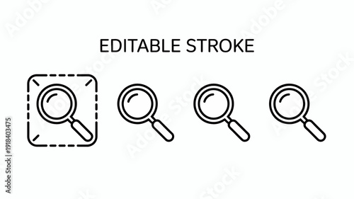 A set of four black line art magnifying glass icons are displayed with one icon highlighted by a dashed stroke square high quality professional detailed modern