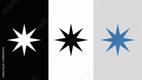 A triptych displays three vertical panels black white and light gray each featuring a stylized eight pointed star symbol high quality professional detailed modern elegant stylish