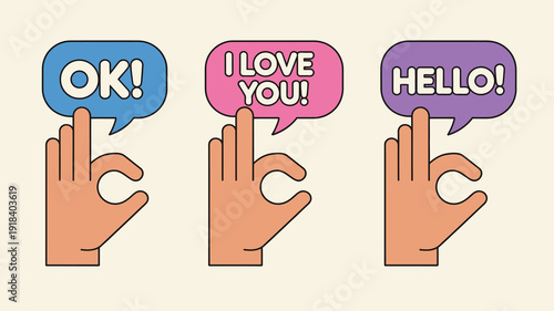 Three stylized hands each making a pointing gesture towards colorful speech bubbles containing different positive messages high quality professional detailed modern elegant stylish clean crisp vibrant