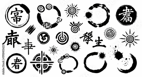 Ensemble d'éléments de calligraphie et de symboles abstraits japonais et zen, en noir et blanc.