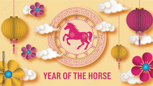 A Festive Chinese New Year Greeting Card Featuring the Zodiac Animal, the Horse, Surrounded by Traditional Decorations and Clouds