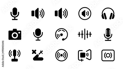 A collection of black vector icons depicting various audio and video recording playback and communication devices high quality professional detailed modern elegant stylish clean crisp vibrant