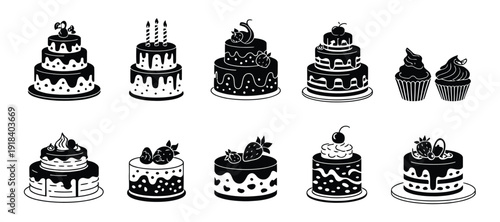 Bakery and Cake Icons, black vector silhouettes of pastries, desserts, and baked goods, isolated on white background, suitable for culinary projects, menus, websites, apps, branding, and digital desig