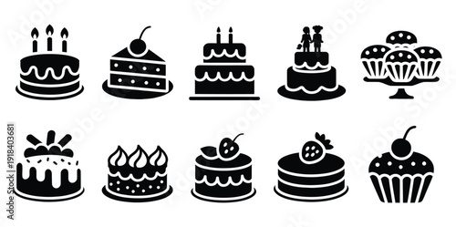 Bakery and Cake Icons, black silhouette vector symbols of cakes, cupcakes, and pastries, isolated on white background, perfect for bakery branding, culinary websites, apps, menus, and digital design p