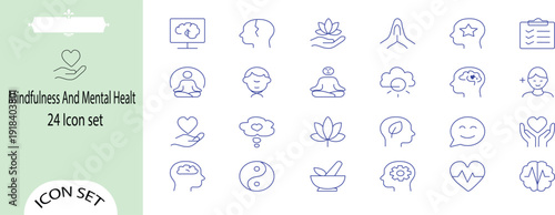 Mindfulness and Mental Health Line Icon Set – Meditation, Wellness, Therapy and Self Care Icons