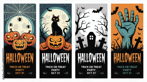 Halloween Themed Vector Graphics Featuring Pumpkins, Black Cat, Spooky Trees, and a Zombie Hand for a Festive Celebration