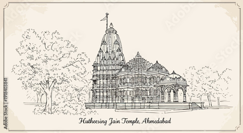 Esquisse d'un temple jaïn à Ahmedabad, un lieu de culte historique et architectural.