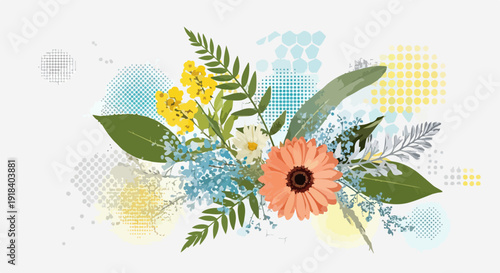 Un bouquet de fleurs sauvages et de feuilles vertes avec des éléments graphiques abstraits sur fond blanc.