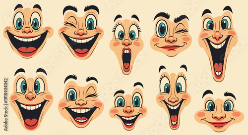 Ensemble de visages cartoon expressifs montrant diverses émotions et réactions faciales