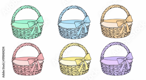 Ensemble de paniers décoratifs de Pâques avec des nœuds colorés, parfaits pour la décoration.