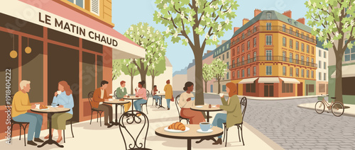 Flat Vector Illustration of a Charming European Sidewalk Cafe on a Sunny Spring Morning with Diverse People Enjoying Coffee and Croissants at Outdoor Tables on a Cobblestone Street in Paris.