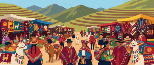 Vibrant flat vector illustration of a traditional Peruvian market in the Andes mountains featuring indigenous people, colorful handwoven textiles, llamas, alpacas, and scenic terraced landscape.