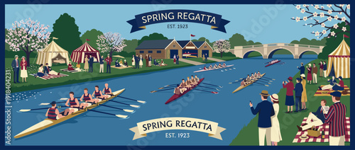 Flat vector illustration of a spring rowing regatta on a calm river with spectators picnicking on the grassy banks, featuring vintage style tents, cherry blossoms, and a classic stone bridge.