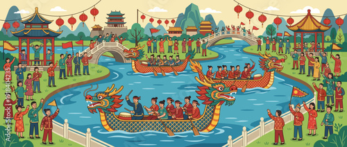 Vibrant flat vector illustration of a traditional Chinese Dragon Boat Festival featuring dragon boats with rowers and drummers on a river, spectators, pagodas, red lanterns, and scenic mountains.