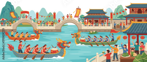Traditional Chinese Dragon Boat Festival Flat Vector Illustration with Colorful Dragon Boats Racing on a River, Spectators Cheering on Bridges, Zongzi Rice Dumplings, and Ancient Oriental Architecture
