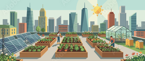 Sustainable rooftop urban garden flat vector illustration featuring raised vegetable beds, solar panels, greenhouse, beehives, and people gardening against a modern city skyline backdrop.
