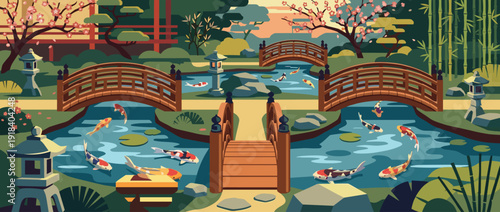 Flat vector illustration of a serene traditional Japanese garden featuring a colorful koi fish pond with arched wooden bridges, stone lanterns, blooming cherry blossoms, and lush bamboo trees.