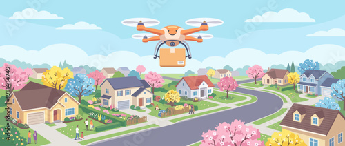 Flat vector illustration of a modern delivery drone carrying a cardboard package over a vibrant suburban neighborhood with houses, gardens, blooming spring trees, and people on the street.