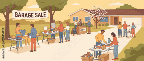 Flat vector illustration of a spring garage sale in a suburban neighborhood with neighbors browsing tables of second-hand clothes, books, and toys while enjoying coffee and community outdoors.