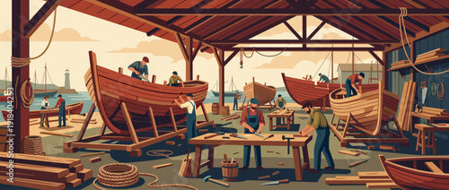 Flat vector illustration of a traditional wooden boat building workshop with shipwrights and carpenters working on wooden hulls using hand tools in a coastal shipyard with a lighthouse view.